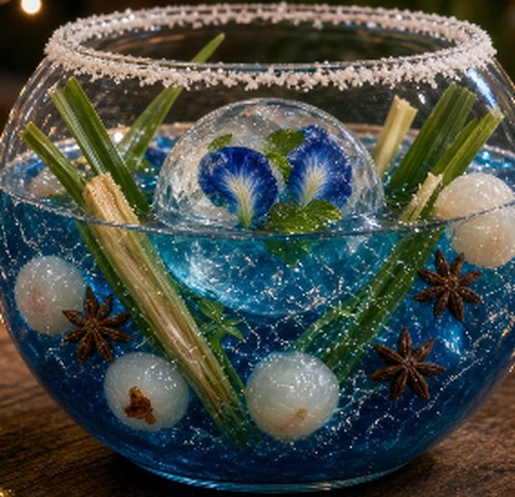 A glass globe of vivid blue punch with butterfly pea flowers, lemongrass, lychees and star anise