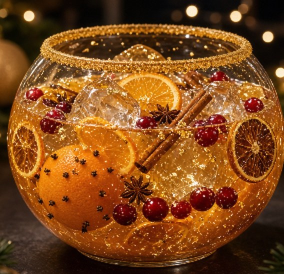 A glass globe of golden punch with dried orange, cranberries, cinnamon and star anise