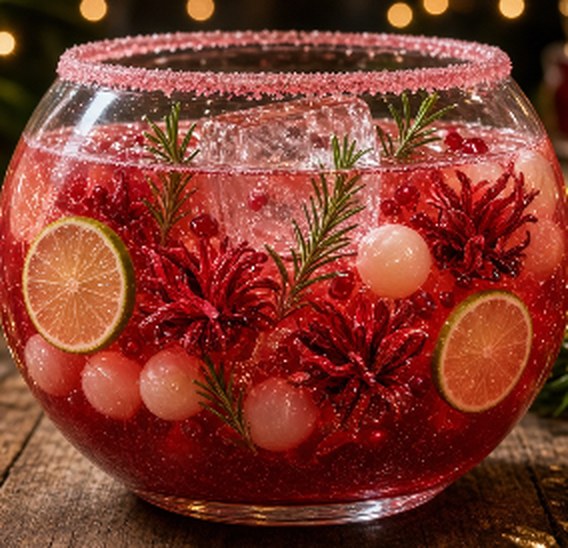 A glass globe of deep coral punch with lime wheels, rosemary and hibiscus flowers